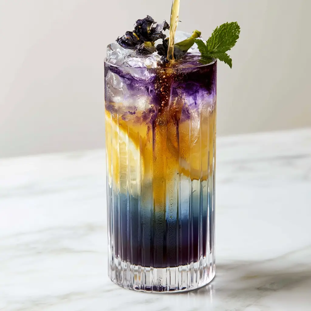 Honey Lemon Butterfly Fizz: The Ultimate Color-Changing Mocktail Recipe 1 Artisanal clear ice cubes and lemon slices inside a ribbed crystal highball glass.
