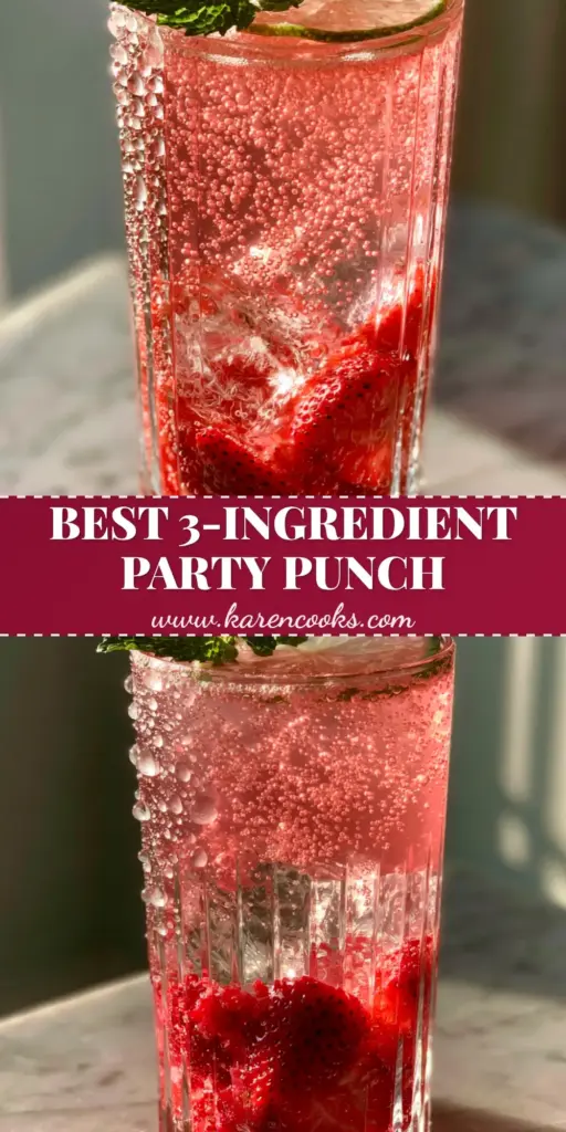 A tall ribbed glass filled with pink sparkling strawberry punch, clear ice, and rising bubbles. (Non-Alcoholic Punch Recipes)