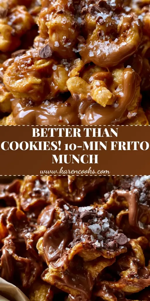 Peanut Butter Chocolate Frito Munch: The Ultimate Sweet & Salty Snack 4 A towering pile of Peanut Butter Chocolate Frito Munch in a rustic bowl, showing glossy chocolate drizzles and sea salt flakes.