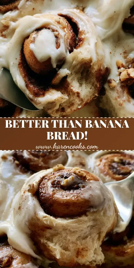 banana cinnamon rolls with Glossy Cream Cheese Glaze and Toasted Walnuts 4 A silver spatula lifting a warm banana cinnamon roll from a rustic white dish, showing a sticky caramelized bottom and melting cream cheese frosting.