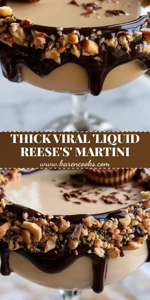 Peanut Butter Cup Martini: The Ultimate Indulgent Dessert Cocktail 3 A luxurious peanut butter cup martini in a crystal coupe with a thick chocolate ganache and crushed peanut rim, garnished with a mini peanut butter cup.