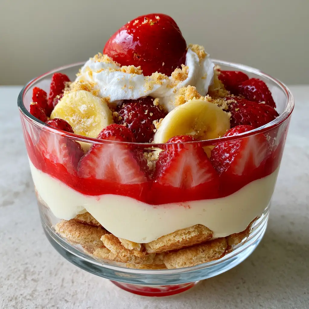 Strawberry Cheesecake Banana Pudding with Chessmen Shortbread Cookies 2 Eye-level shot of strawberry cheesecake banana pudding in a clear glass dish with ivory pudding and bright red glaze.