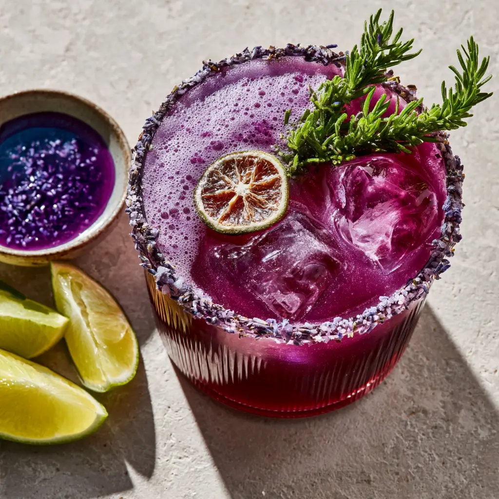 Lavender Margarita: The Ultimate Deep Violet Floral Cocktail 2 Top-down view of a lavender margarita featuring a frothy micro-foam top and a dehydrated lime wheel garnish.