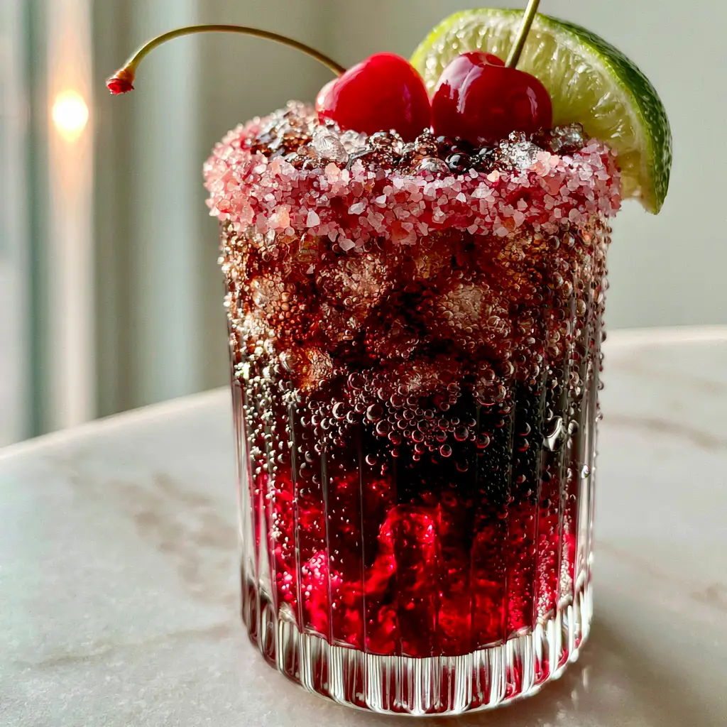 Handheld smartphone photo of a tall Cherry Coke Margarita showing mahogany colors and carbonation bubbles.