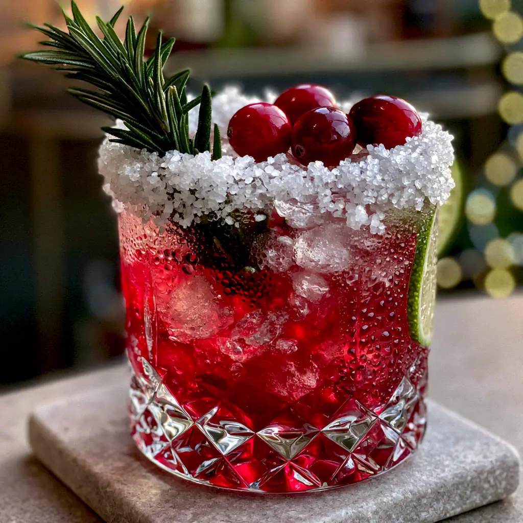 Handheld photo of the Christmas Mistletoe Margarita on a bar cart, highlighting the fresh rosemary and lime garnishes.