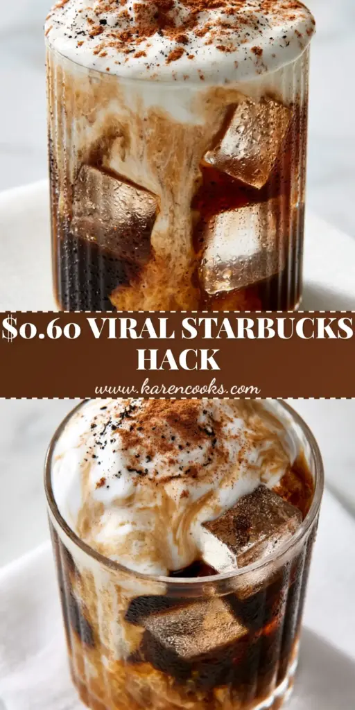 A high-angle smartphone photo of a Starbucks-style iced espresso in a ribbed glass with thick caramel swirls and vanilla bean cold foam.