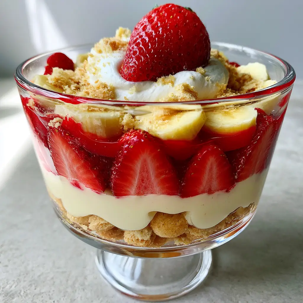Strawberry Cheesecake Banana Pudding with Chessmen Shortbread Cookies 1 Close-up of the whipped cream dollop and whole strawberry garnish on top of the strawberry cheesecake banana pudding.