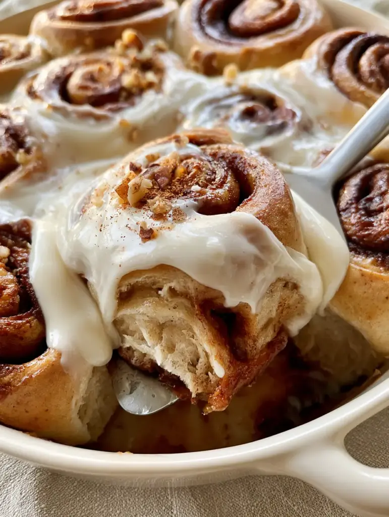 banana cinnamon rolls with Glossy Cream Cheese Glaze and Toasted Walnuts 2 Close up photo of fluffy banana cinnamon rolls topped with velvety white cream cheese frosting and toasted walnuts.