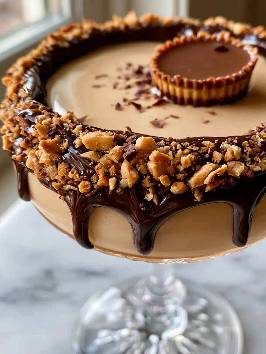Peanut Butter Cup Martini: The Ultimate Indulgent Dessert Cocktail 4 Close-up of a thick, ultra-creamy peanut butter martini with a massive dark chocolate ganache drip and crushed peanuts on the rim. (peanut butter cup martini)