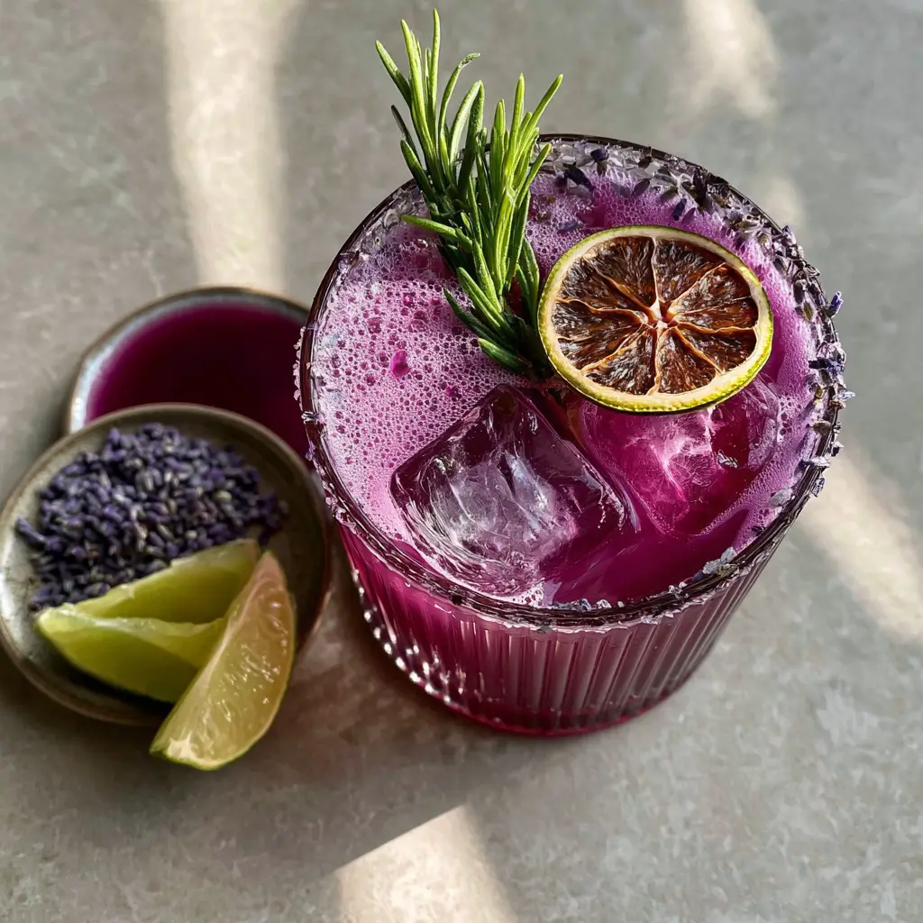 Lavender Margarita: The Ultimate Deep Violet Floral Cocktail 1 Deep purple lavender margarita served with clear square ice cubes and a fresh green lavender sprig garnish.