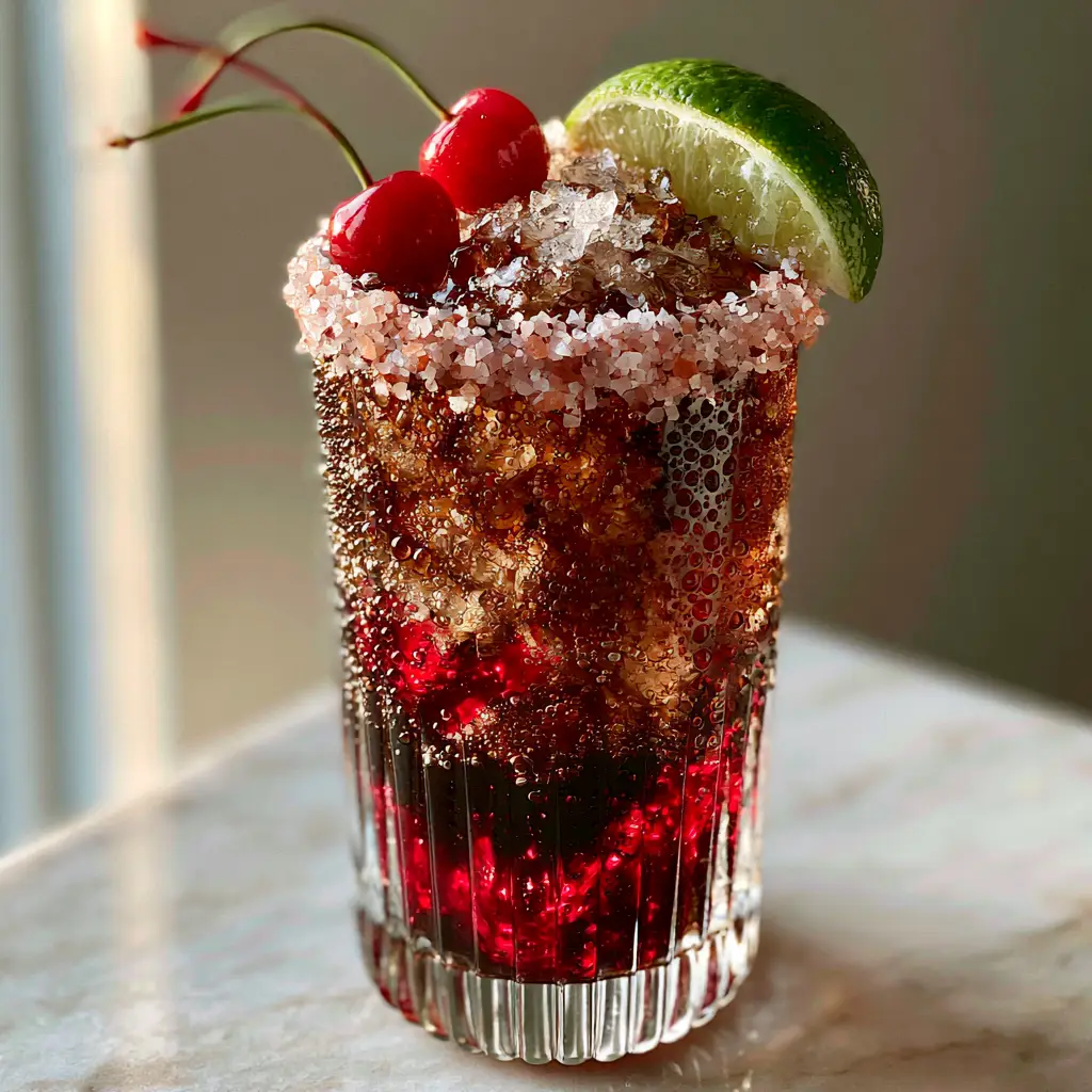Overhead view of a Cherry Coke Margarita with crushed ice, pink salt rim, and bright red maraschino cherries.