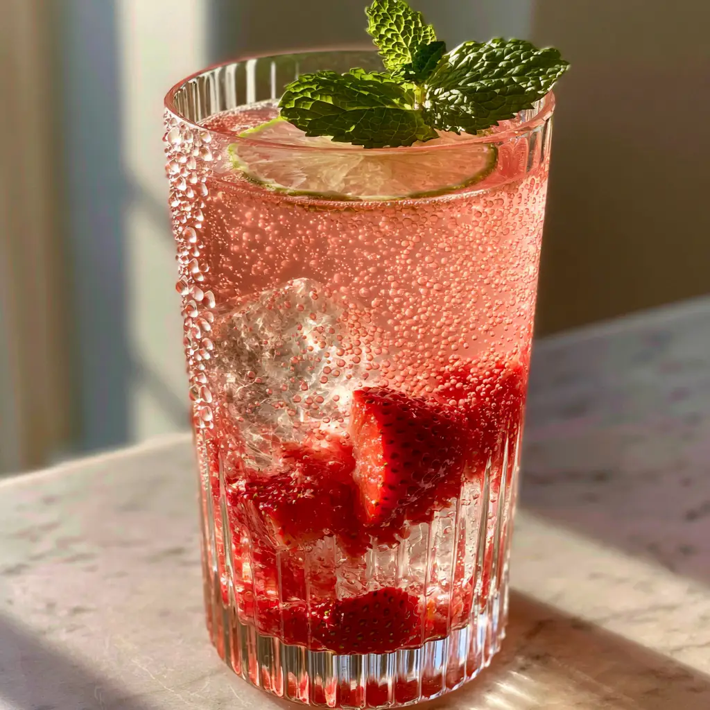 A glowing pink punch glass in golden hour sunlight with mint and lime garnish.