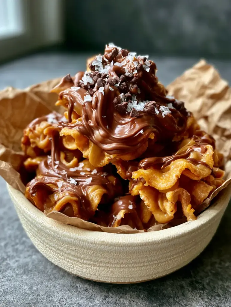 Peanut Butter Chocolate Frito Munch: The Ultimate Sweet & Salty Snack 1 Extreme close-up of clusters of Peanut Butter Chocolate Frito Munch with coarse sea salt and mini semi-sweet chocolate chips.