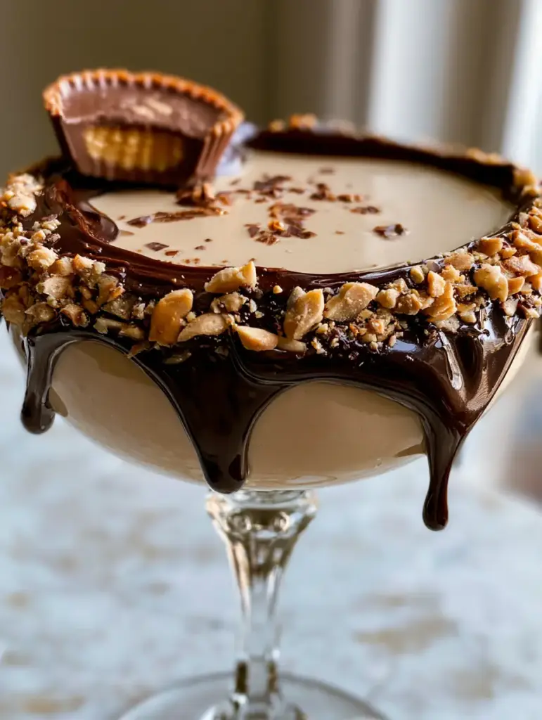 Peanut Butter Cup Martini: The Ultimate Indulgent Dessert Cocktail 1 A handheld shot of a peanut butter cup martini featuring dark chocolate shavings floating on a dense liquid surface with a marble background.