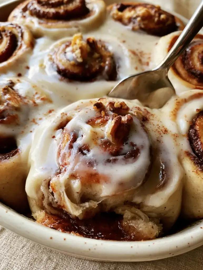 banana cinnamon rolls with Glossy Cream Cheese Glaze and Toasted Walnuts 1 Rustic white ceramic dish filled with golden-brown banana cinnamon rolls showing dark brown cinnamon-sugar swirls.