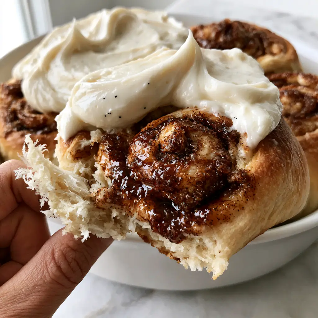 Fluffy Cinnamon Rolls: The Ultimate Guide to Bakery-Style Perfection 2 Extreme close-up of a hand pulling away a warm fluffy cinnamon roll revealing a feathery dough shred.