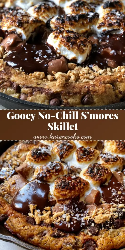 Brown Butter S’mores Chocolate Chip Cookie Skillets 3 A close-up vertical shot of Brown Butter S’mores Chocolate Chip Cookie Skillets with toasted marshmallows, melted chocolate, and graham cracker crumbs in a cast iron skillet.