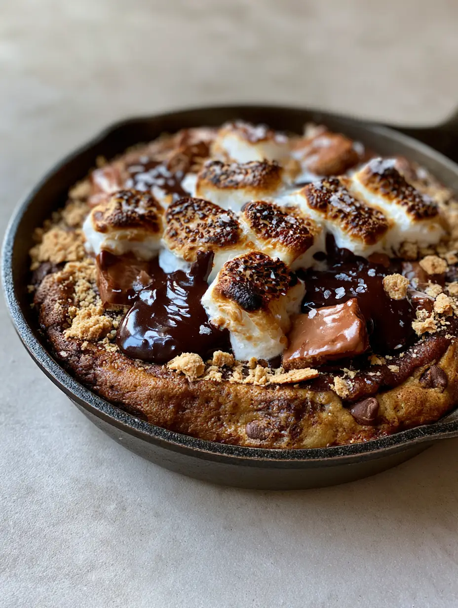 Brown Butter S’mores Chocolate Chip Cookie Skillets 4 A handheld smartphone photo of Brown Butter S’mores Chocolate Chip Cookie Skillets showing the thick golden-brown caramelized dough and charred marshmallow tops.
