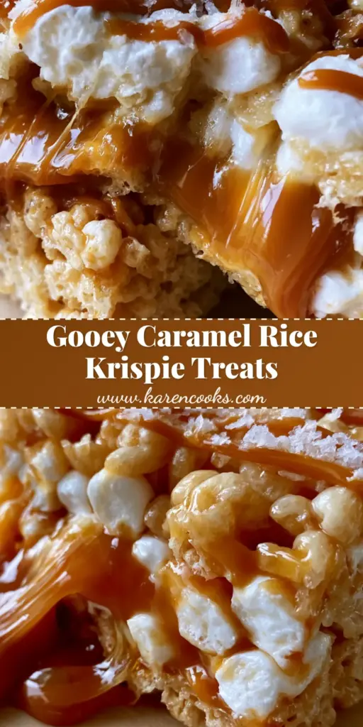 A thick, gourmet Caramel Stuffed Krispy Treat being pulled apart to reveal a slow-stretching center of liquid amber caramel and melted marshmallow pockets, topped with sea salt.