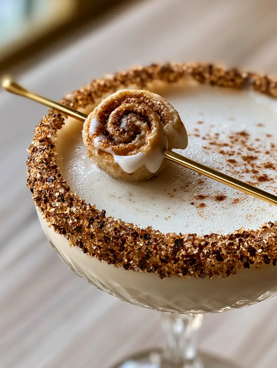 Cinnamon Roll Cocktail with RumChata and Fireball Cinnamon Whiskey 4 Close-up of a frothy cinnamon roll cocktail with a sparkling brown sugar rim. (cinnamon roll cocktail)