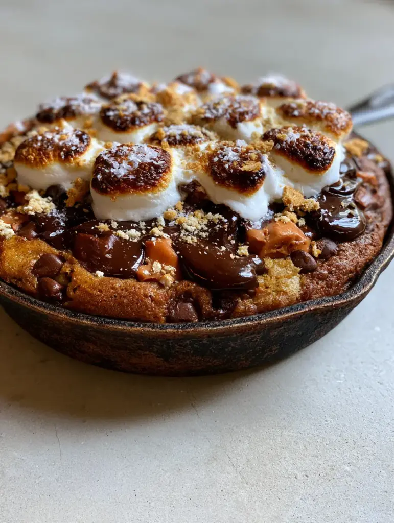Brown Butter S’mores Chocolate Chip Cookie Skillets 1 Side view of Brown Butter S’mores Chocolate Chip Cookie Skillets sitting on a concrete surface with soft natural lighting.
