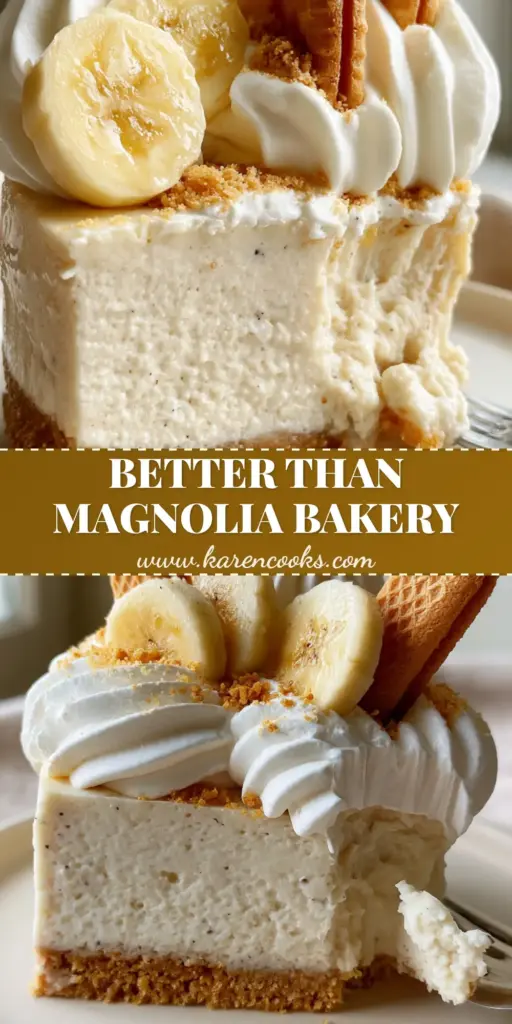 no-bake banana pudding cheesecake with Nilla Wafer Crust 4 A tall slice of no-bake banana pudding cheesecake with stiff whipped cream peaks and Nilla Wafers on a white plate.