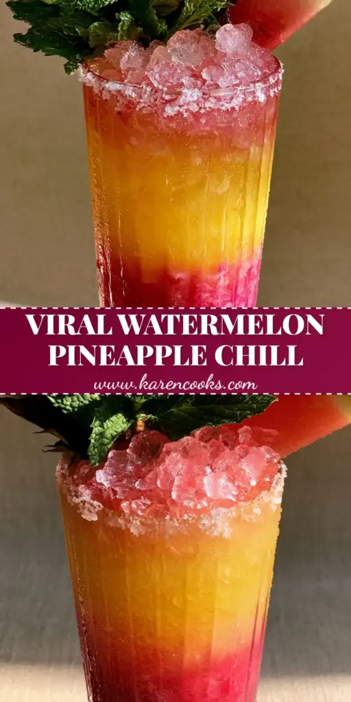 Watermelon Pineapple Chill Mocktail: The Ultimate Layered Summer Drink 4 A tall fluted ribbed glass featuring a Watermelon pineapple chill mocktail with distinct magenta and golden layers, pebble ice, and a charred pineapple frond garnish.