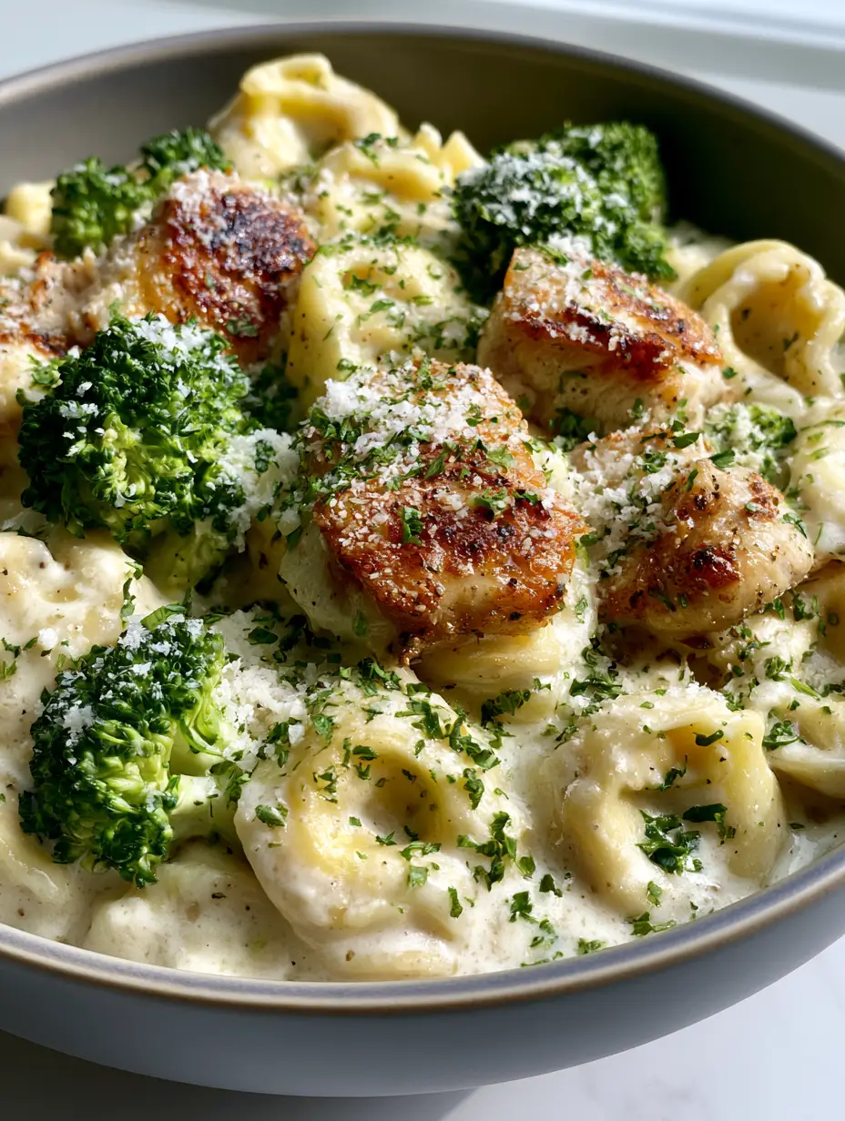 Smartphone photo of gourmet creamy garlic chicken and broccoli tortellini in a matte ceramic bowl with parsley. (cup holder gift ideas)