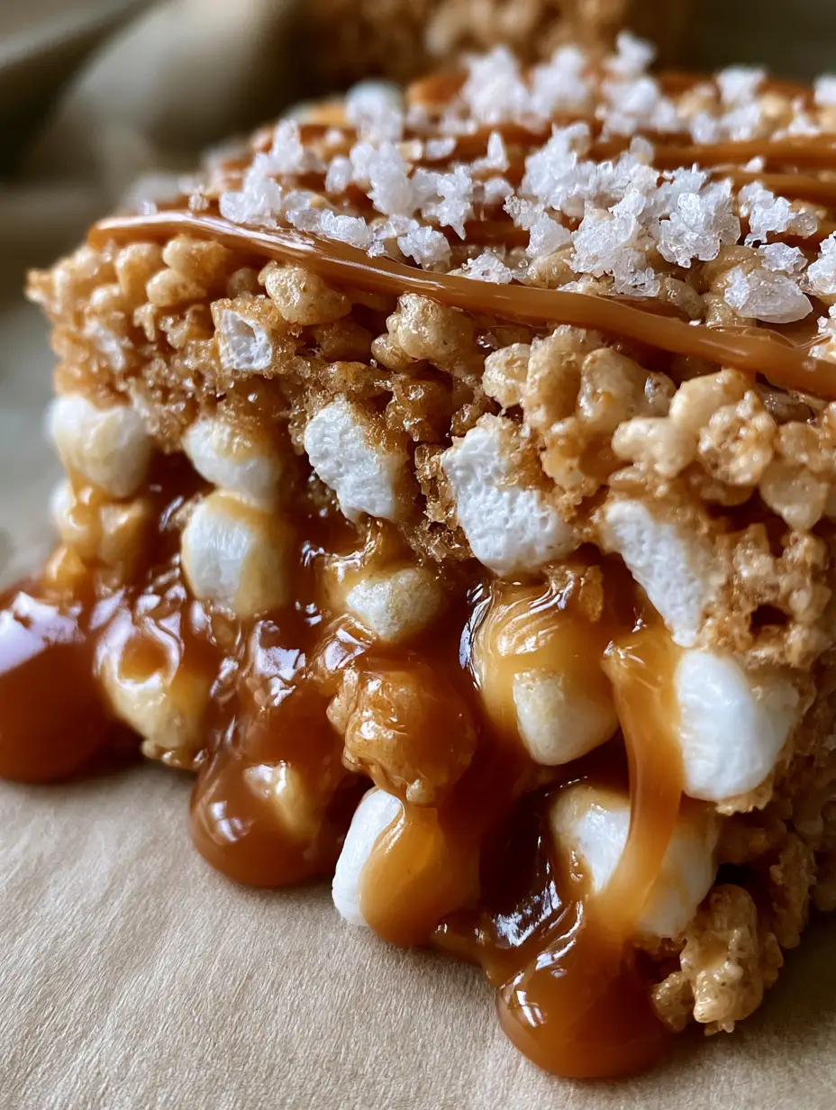 Ultra-close-up of a Caramel Stuffed Krispy Treat showing glossy mini marshmallow pockets and translucent amber caramel ribbons.