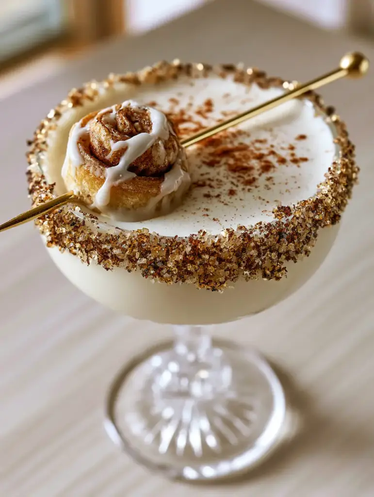 Cinnamon Roll Cocktail with RumChata and Fireball Cinnamon Whiskey 1 A handheld photo of a Cinnamon Roll Cocktail showcasing the heavy cream swirl and gold cocktail pick.