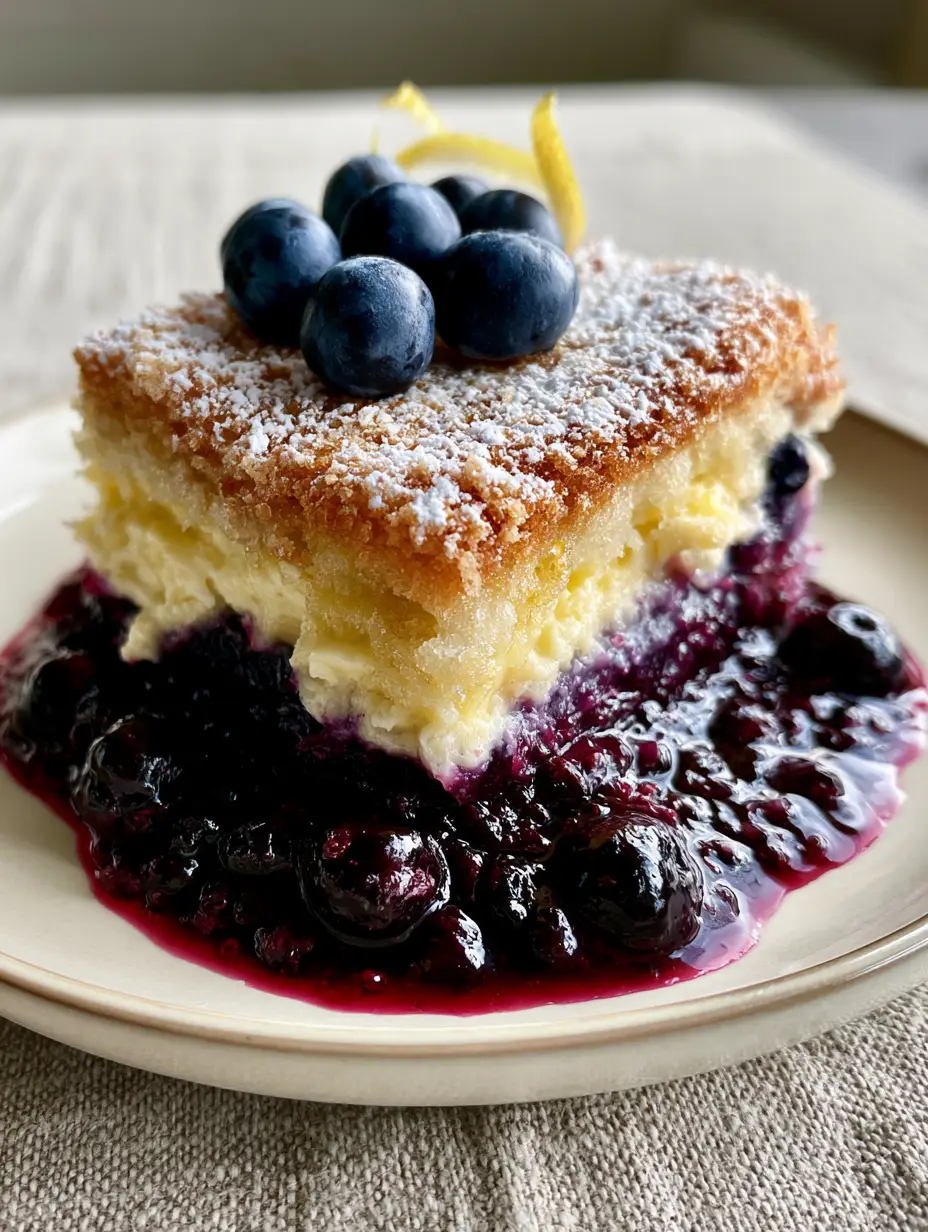 Close up of the layers of Lemon Blueberry Cheesecake Dump Cake featuring whole bursting blueberries and powdered sugar.