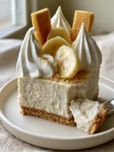 Close up of a dense ivory-toned banana cream cheese mousse slice showing vanilla bean specks. (no-bake banana pudding cheesecake)