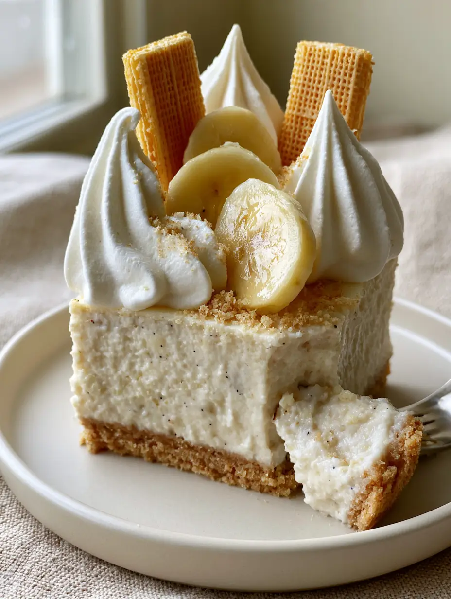 no-bake banana pudding cheesecake with Nilla Wafer Crust 5 Close up of a dense ivory-toned banana cream cheese mousse slice showing vanilla bean specks. (no-bake banana pudding cheesecake)