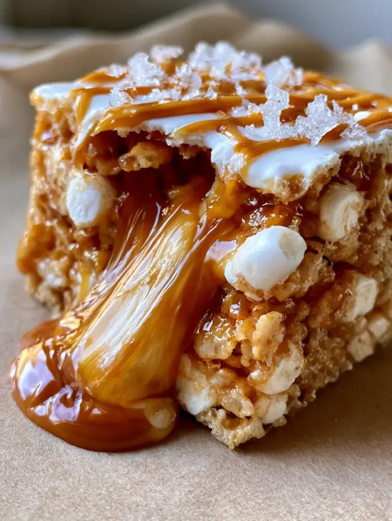 Side view of a Caramel Stuffed Krispy Treat with a visible layer of warm caramel and a decorative caramel drizzle with flaky sea salt.