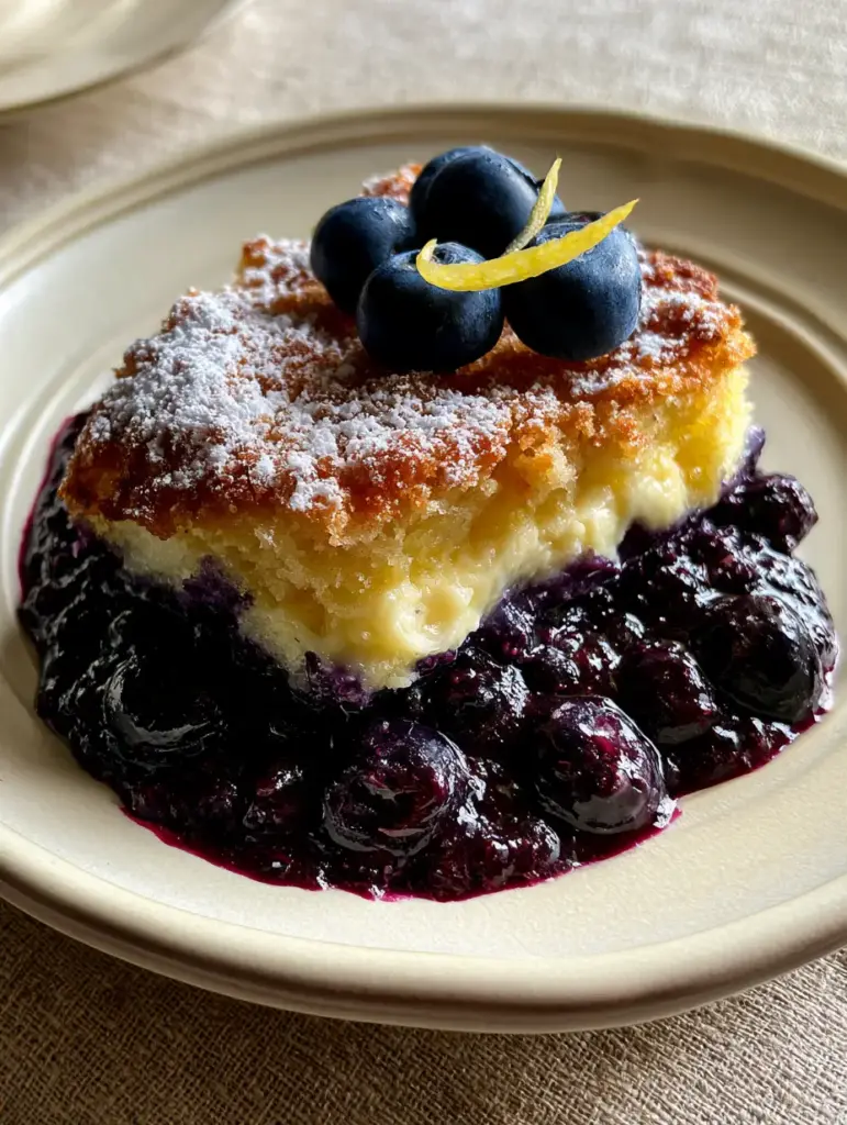 Side view of Lemon Blueberry Cheesecake Dump Cake highlighting the golden-brown buttery crisp crust and lemon twist garnish.