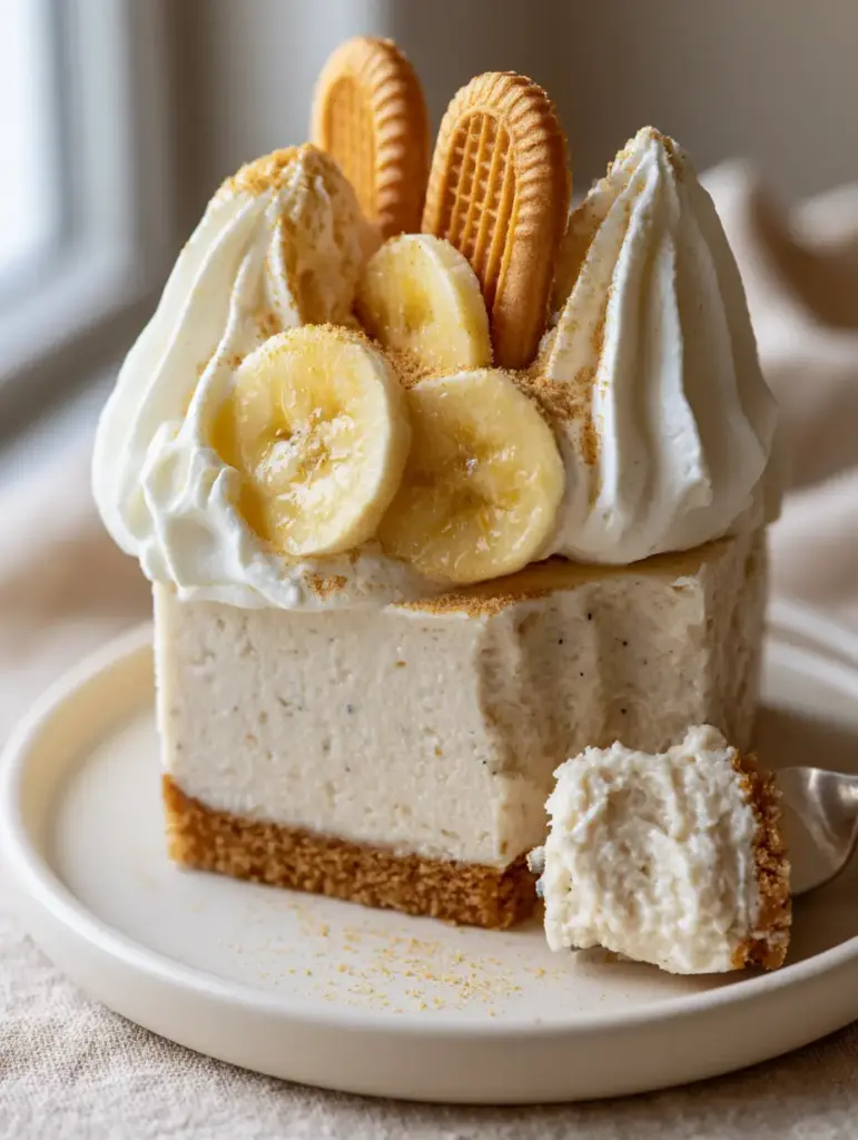 no-bake banana pudding cheesecake with Nilla Wafer Crust 1 A clean vertical slice of no-bake banana pudding cheesecake showing the half-inch thick Nilla Wafer crust foundation.