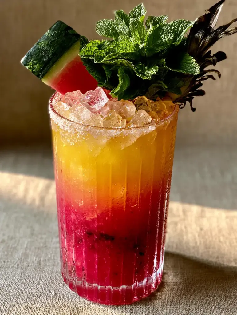 Watermelon Pineapple Chill Mocktail: The Ultimate Layered Summer Drink 1 Close up shot of the charred pineapple frond and mint garnish on a Watermelon pineapple chill mocktail.