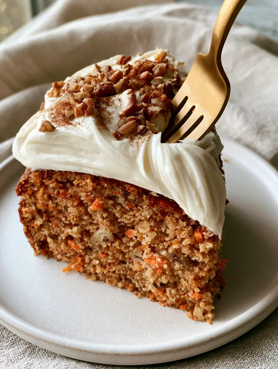Carrot Cake with Thick Cream Cheese Frosting and Toasted Walnuts 4 Close-up of a Carrot Cake slice showing tiny orange carrot flecks and a golden dessert fork.