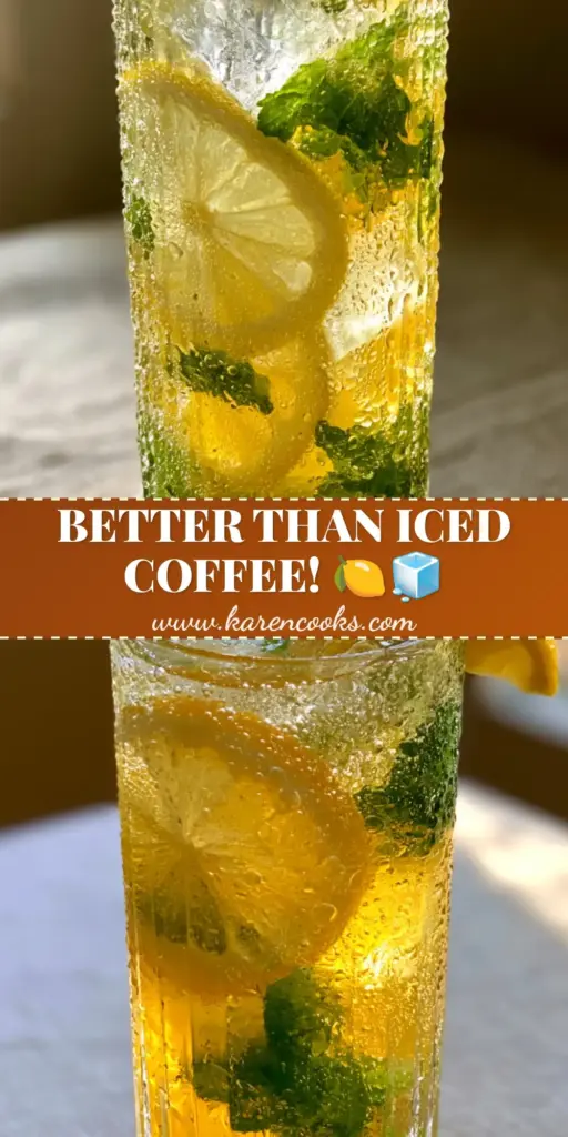 summer drinks for energy and hydration: The Sparkling Citrus Mint Electrolyte Refresher 4 A tall ribbed glass of golden citrus electrolyte drink with floating mint and lemon, covered in condensation. (summer drinks for energy and hydration)