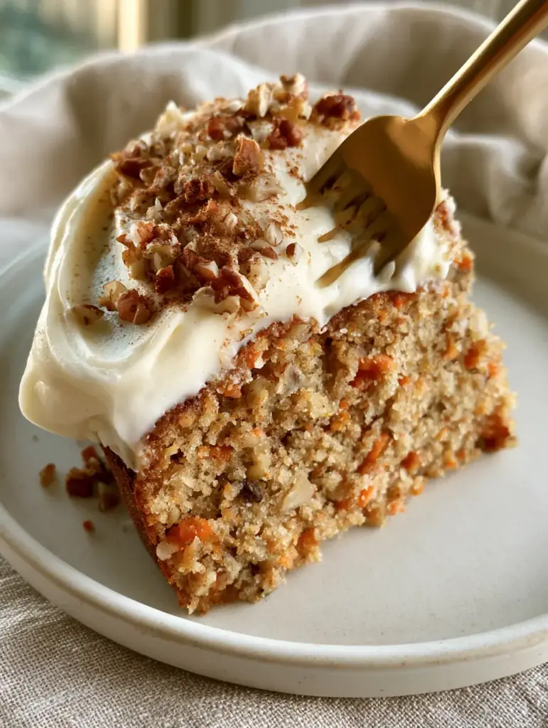 Carrot Cake with Thick Cream Cheese Frosting and Toasted Walnuts 1 Top view of a Carrot Cake with thick swooping cream cheese frosting and cinnamon dust garnish.