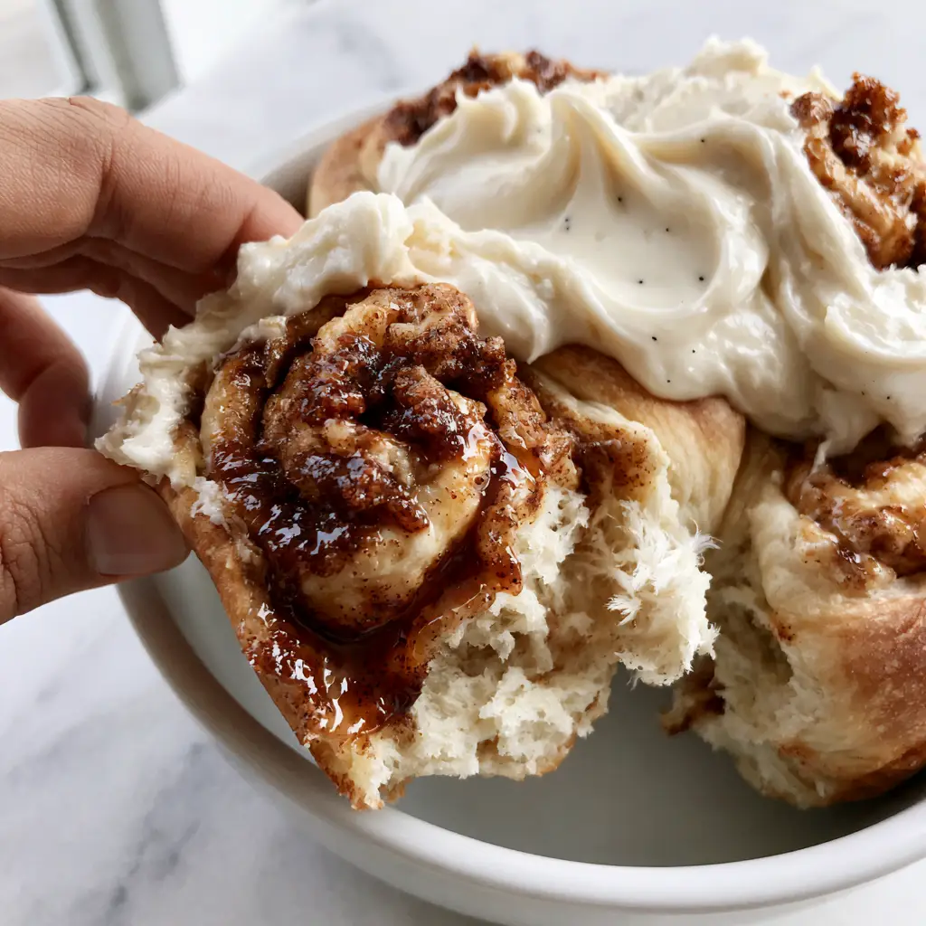 Fluffy Cinnamon Rolls: The Ultimate Guide to Bakery-Style Perfection 1 High angle shot of a cluster of fluffy cinnamon rolls with glistening dark mahogany glaze and vanilla frosting.