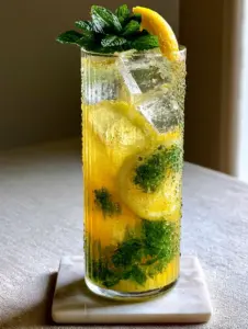 Close up of sparkling golden liquid with visible bubbles and clear geometric ice. (summer drinks for energy and hydration)
