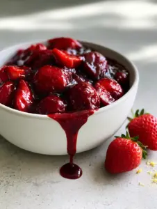 Handheld smartphone photo of a white bowl filled with ruby-red strawberry sauce and jammy halves. (Strawberry sauce)