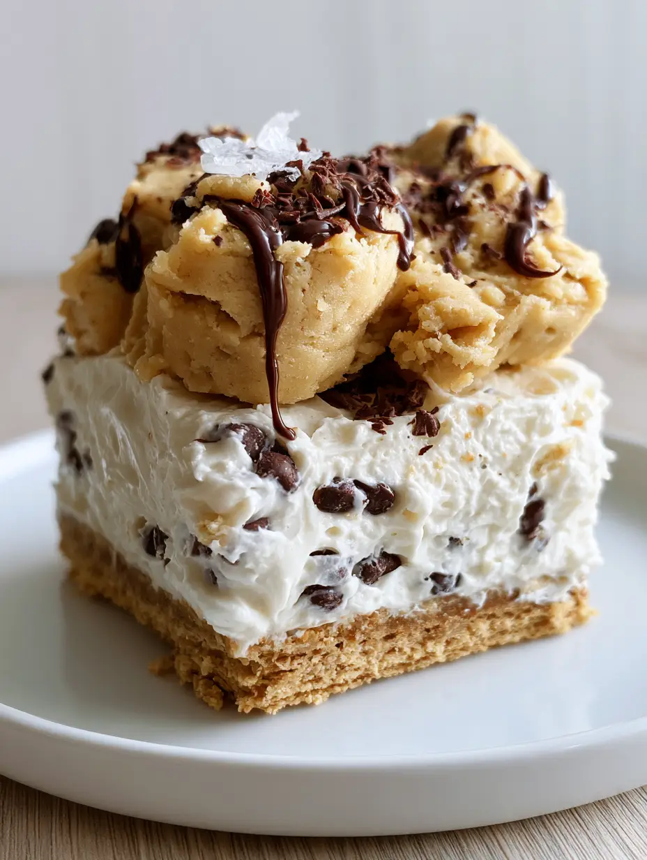 Cookie Dough Cheesecake: The Ultimate No-Bake Layered Dessert 4 Extreme macro eye-level shot of a thick slice of no-bake Cookie Dough Cheesecake with visible mini chips and cookie dough chunks.