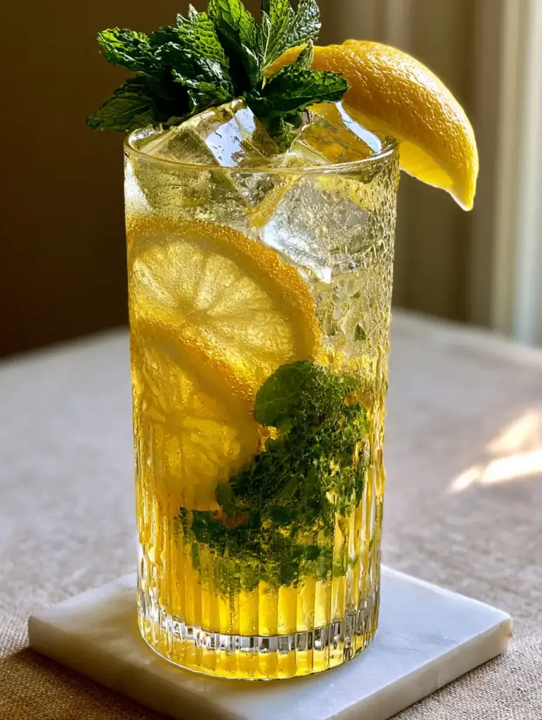 summer drinks for energy and hydration: The Sparkling Citrus Mint Electrolyte Refresher 1 A refreshing summer drink on a marble coaster featuring translucent lemon wheels and mint leaves.