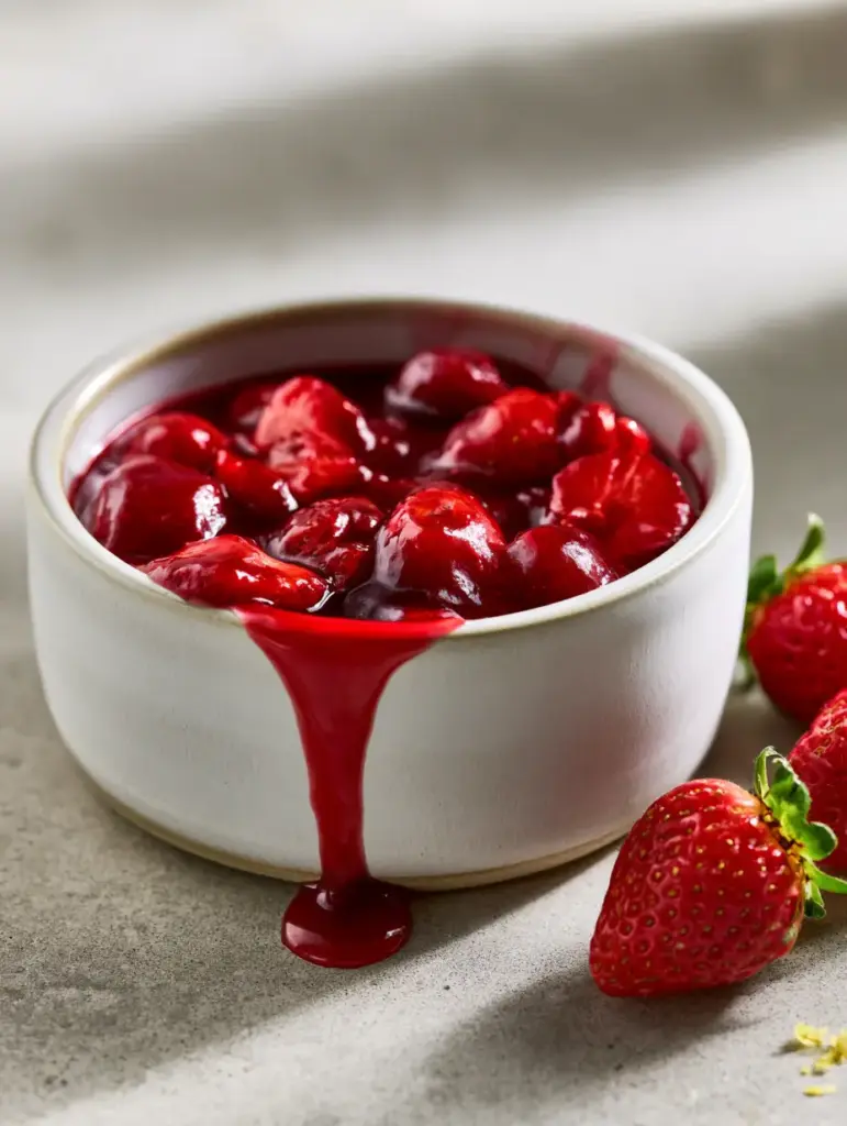 Strawberry sauce: The Ultimate Glossy Ruby-Red Topping 1 Close up shot of thick strawberry syrup cascading down a white ceramic bowl.