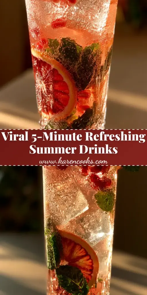 Summer Drink Recipes: The Ultimate Blood Orange & Pomegranate Spritzer 4 A tall crystal glass with pink spritzer, blood orange wheels, and mint leaves, perfect for summer drink recipes.