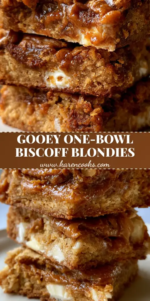 Biscoff Blondies: The Ultimate Fudgy Cookie Butter Bars 3 A thick stack of three fudgy Biscoff Blondies with a glossy cookie butter swirl and white chocolate chunks on a white plate.