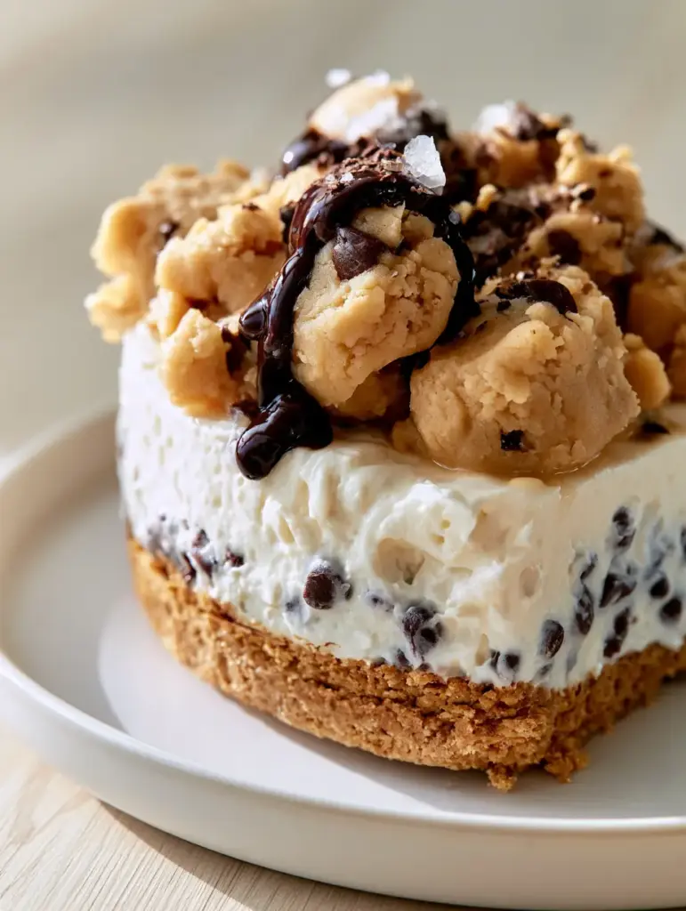 Cookie Dough Cheesecake: The Ultimate No-Bake Layered Dessert 1 A close up of the top of a Cookie Dough Cheesecake featuring melted dark chocolate drizzle and sea salt.