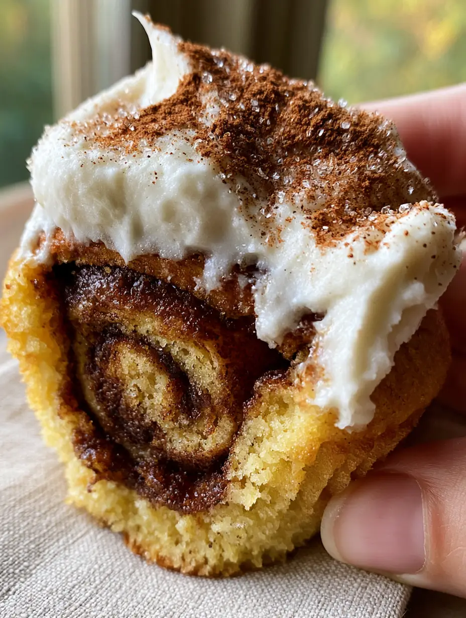Extreme close-up of a warm cinnamon roll cupcake pulled open to reveal a steaming dark brown molten cinnamon-sugar swirl inside a golden cake crumb.